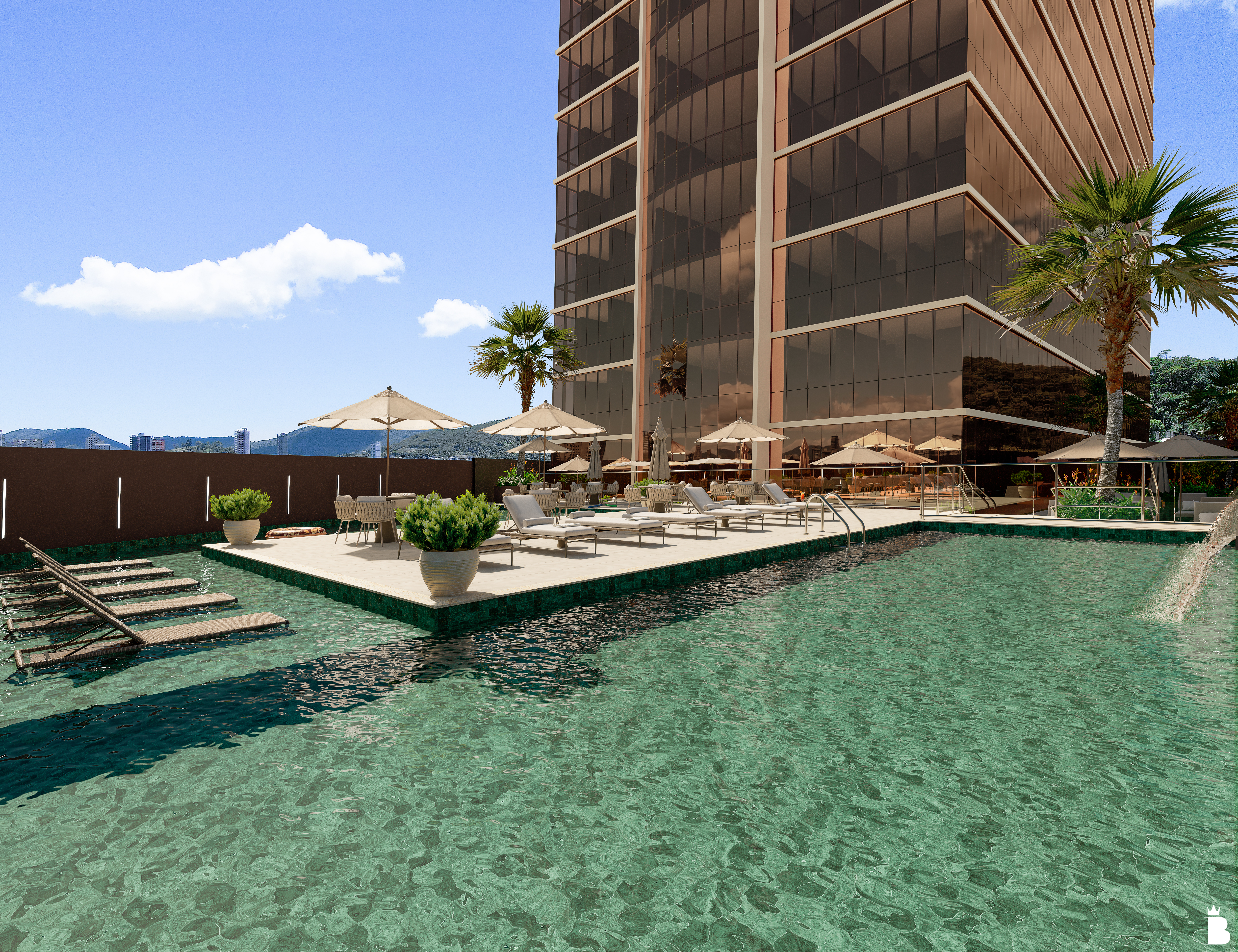 Piscina com deck flutuante